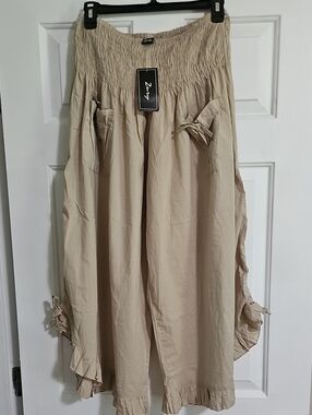 Beige Smocked Waist Ruffle Palazzo Culottes
